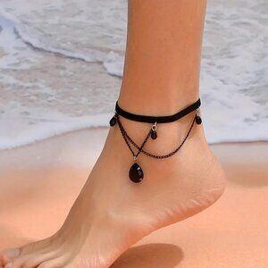 Black Multi Layer Anklet With Water Drop Shape Crystal